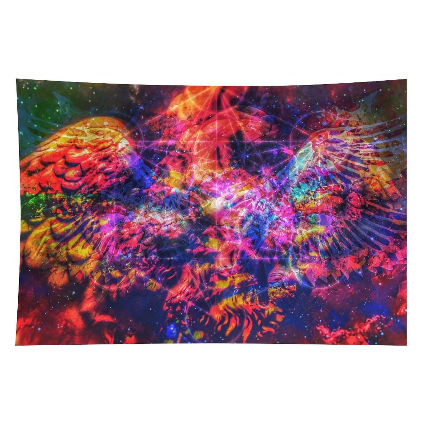 Ashwing psychedelic tapestry, a winged figure of fire and coral with wings spread against a deep starfield