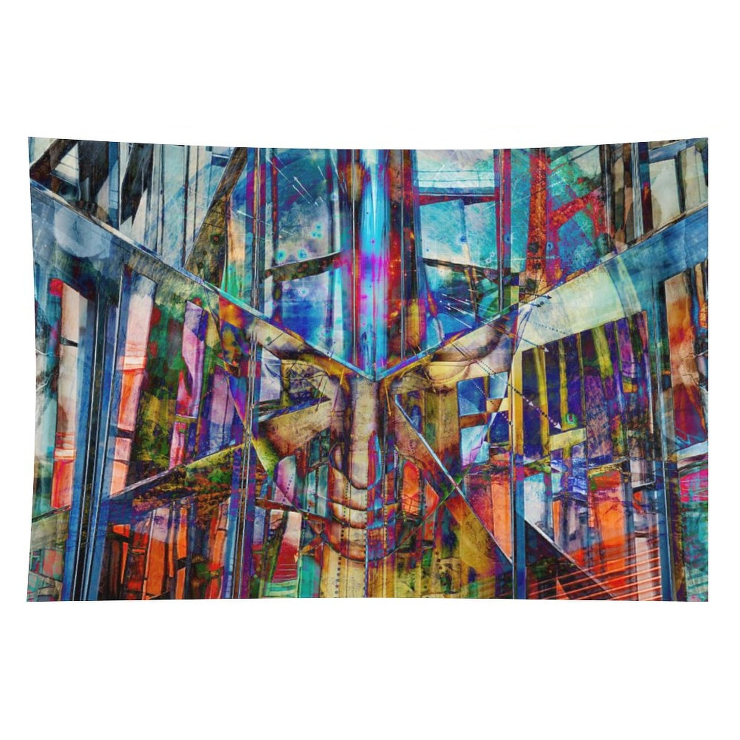 The Fold psychedelic tapestry, a mirrored urban corridor folded into kaleidoscope with stained glass color