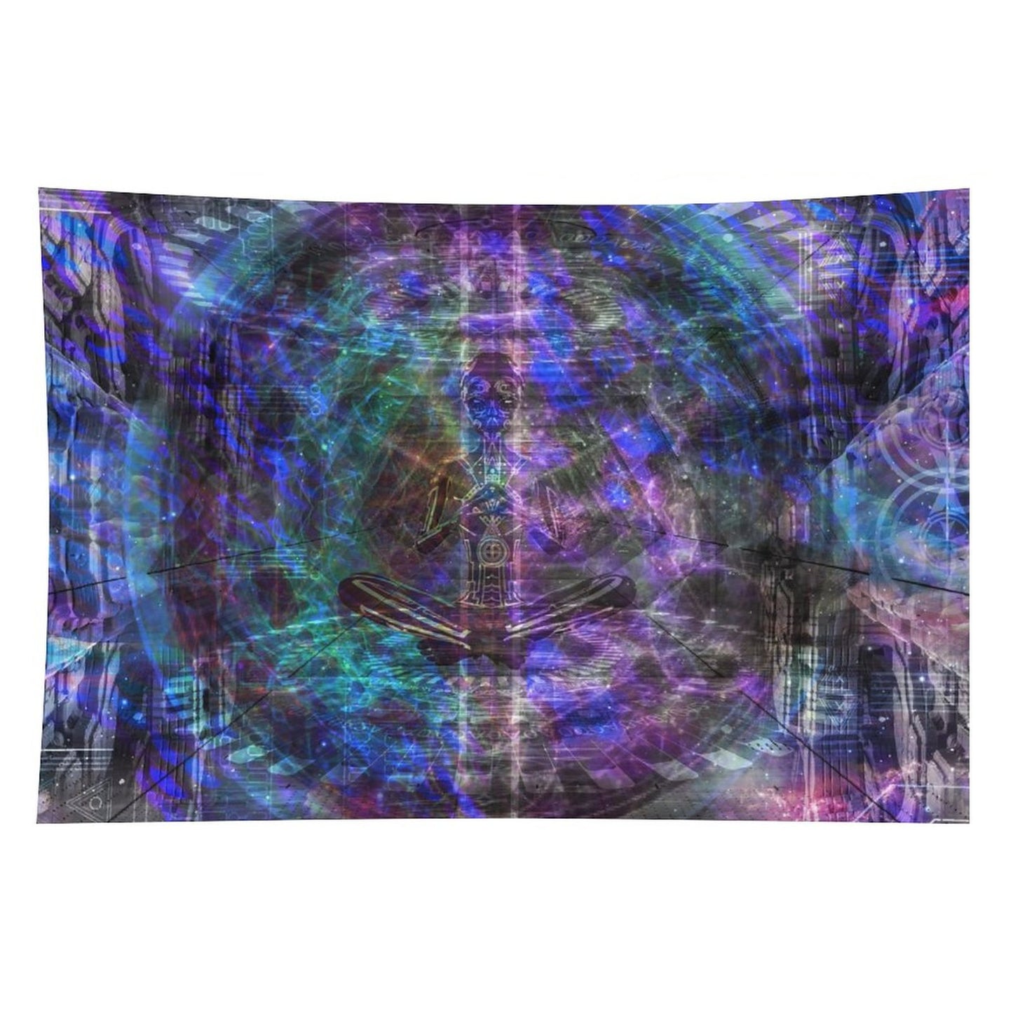 Still Point psychedelic tapestry, a seated figure at the center of a vast concentric mandala drawn like a blueprint