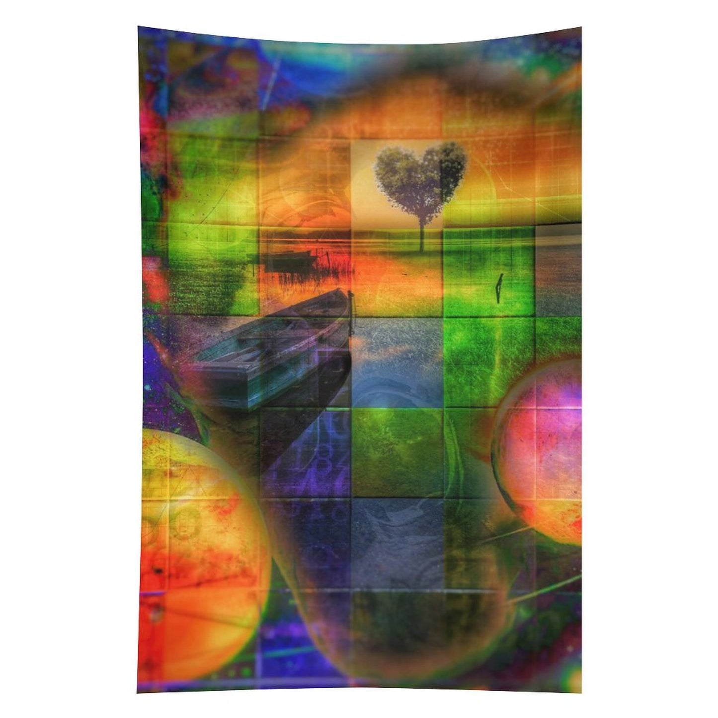 Heart Field psychedelic tapestry, a quilted grid of green and orange panels with a heart shaped tree and two planets