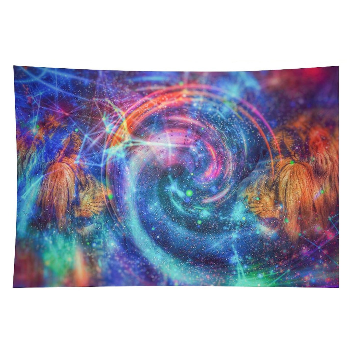 Twin Wardens psychedelic tapestry, a spiral galaxy vortex flanked by two golden maned guardians facing inward