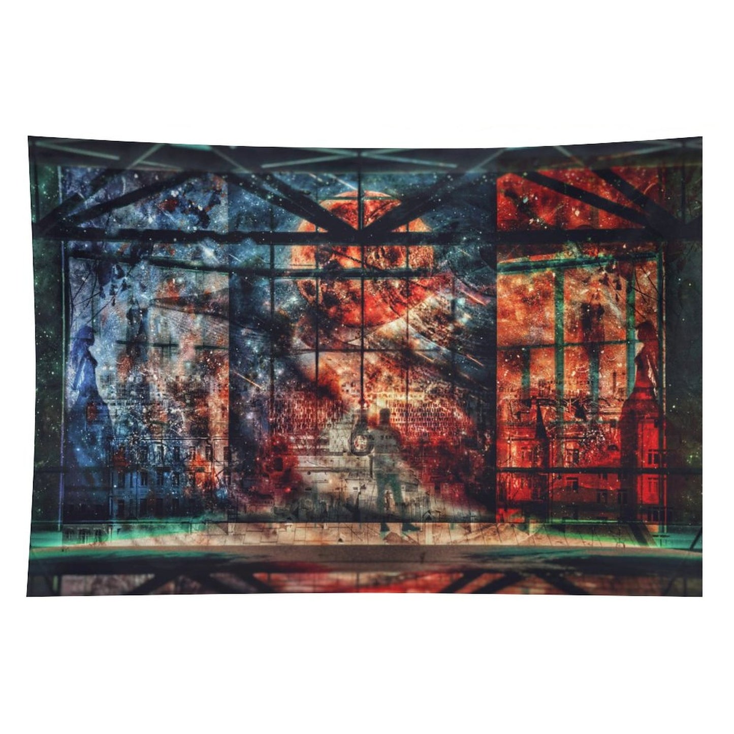 Our Shared Spaces psychedelic tapestry, a steel framed hall opening onto a red and blue starfield with one figure on the floor