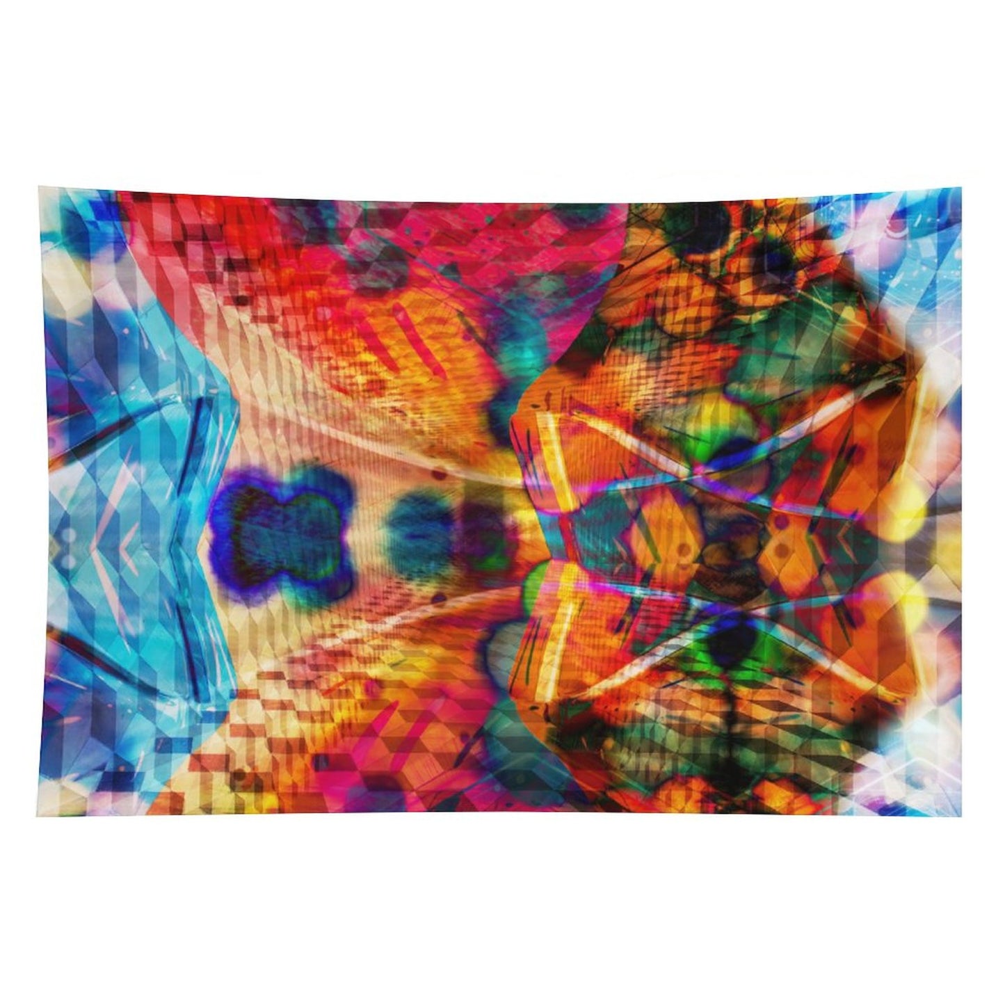 Split Wing psychedelic tapestry, kaleidoscopic symmetry split down the middle with hot orange against cold blue