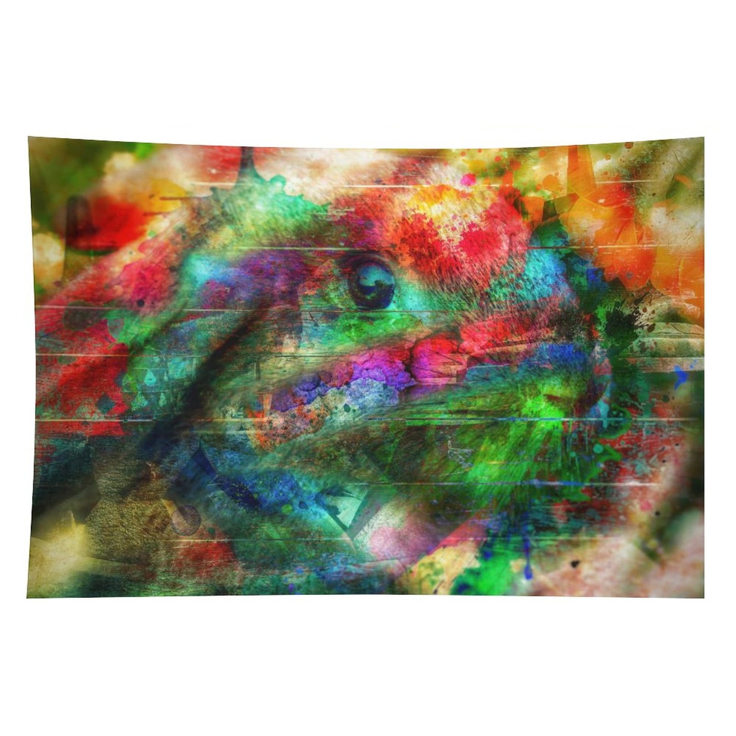 The Watcher psychedelic tapestry, a riotous color field with a single large eye and an animal head surfacing through it