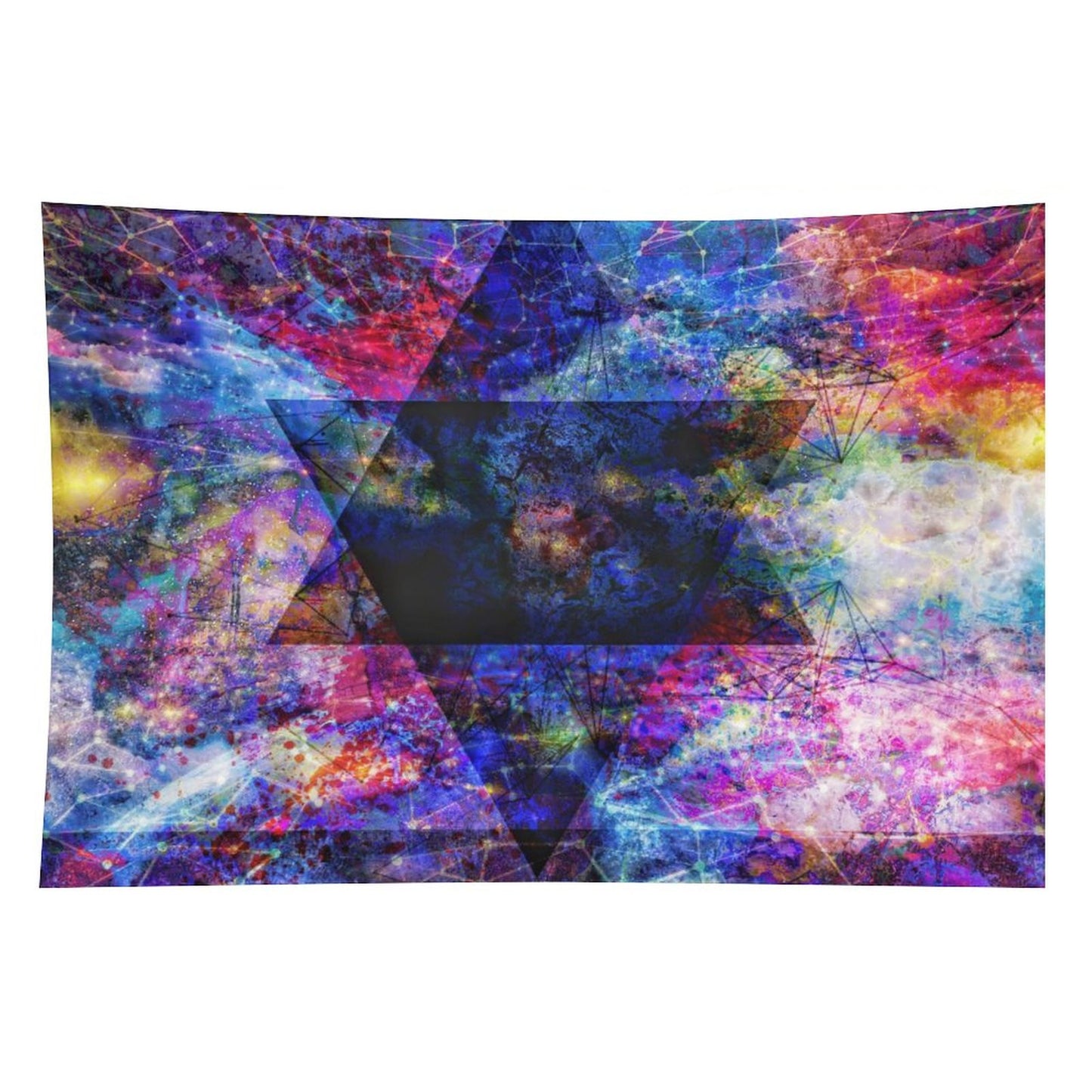 As Above psychedelic tapestry, interlocked hexagram geometry laid over a magenta and gold nebula