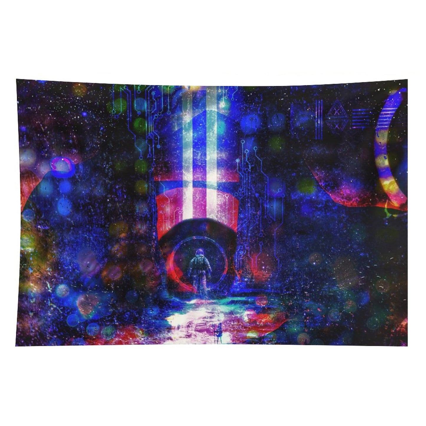 Circuit Vigil psychedelic tapestry, a lone figure on a wet neon street before a blue and crimson monolith in a circuit starfield