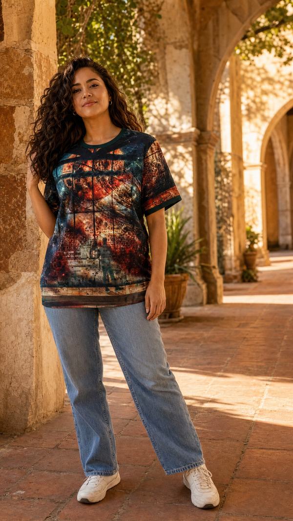 Our Shared Spaces tee on Latina female model in stone arched courtyard at golden hour