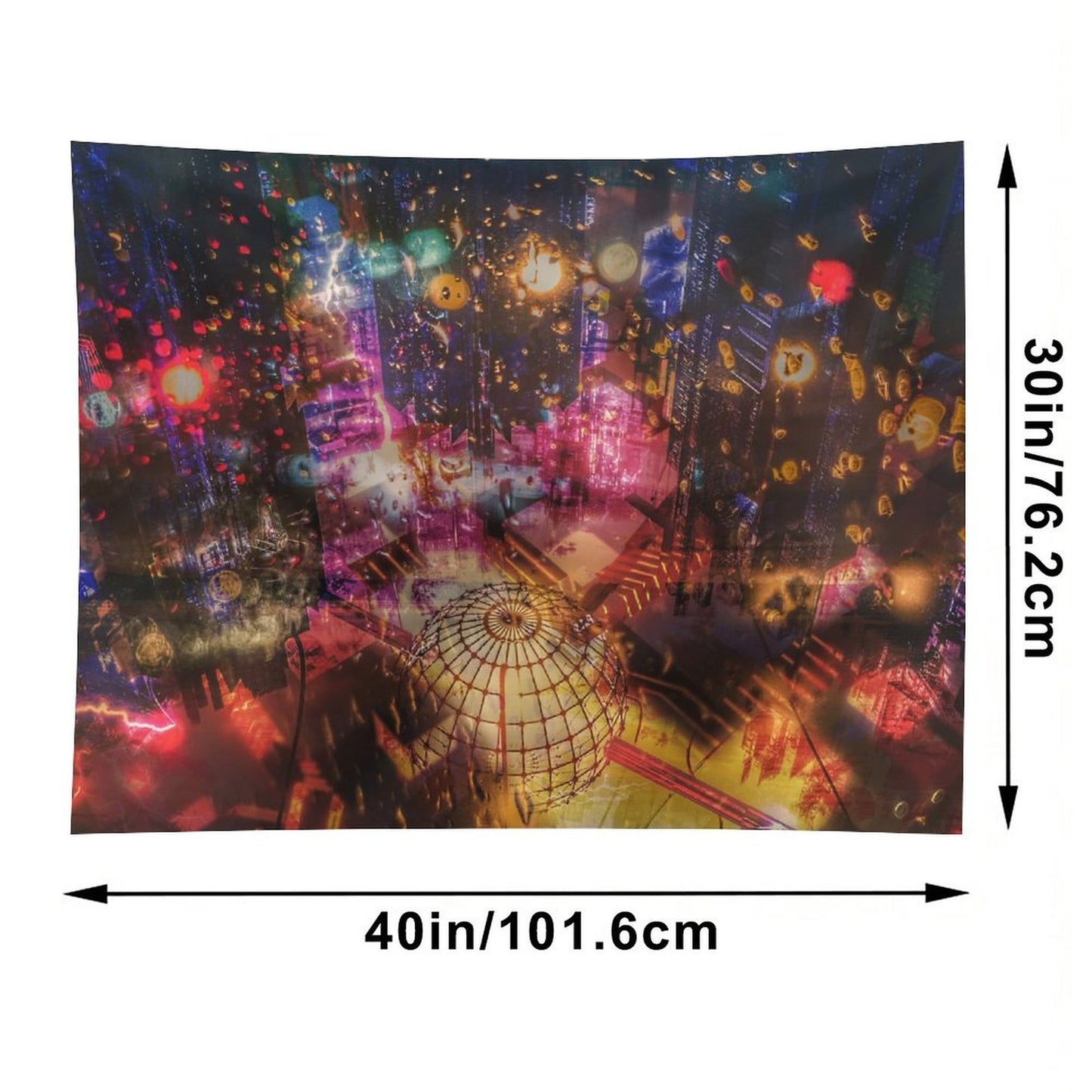 The Orrery psychedelic tapestry, a night city from above in warm bokeh with a brass armillary sphere across the foreground