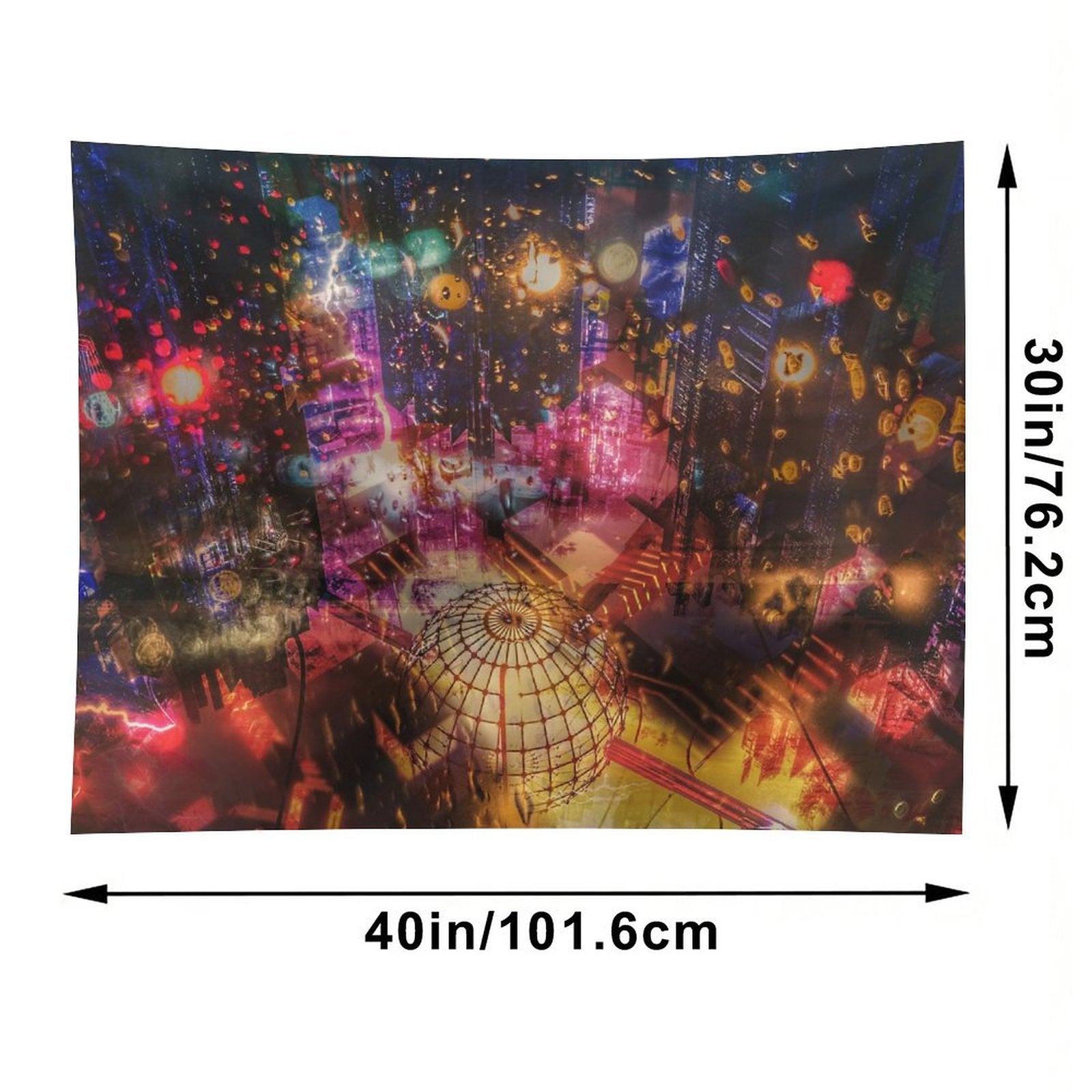 The Orrery psychedelic tapestry, a night city from above in warm bokeh with a brass armillary sphere across the foreground