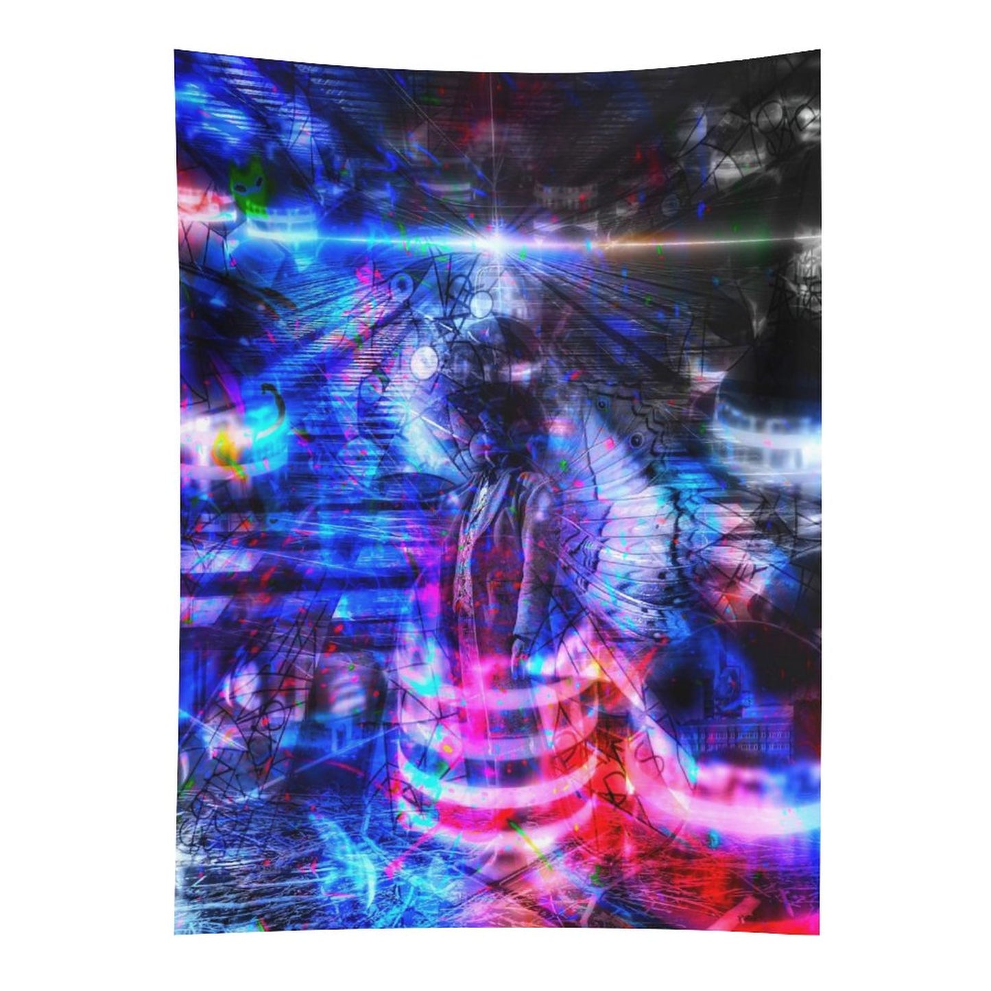 Butterfly Futures psychedelic tapestry, a radiant figure in blue and magenta with light bursting outward in bands