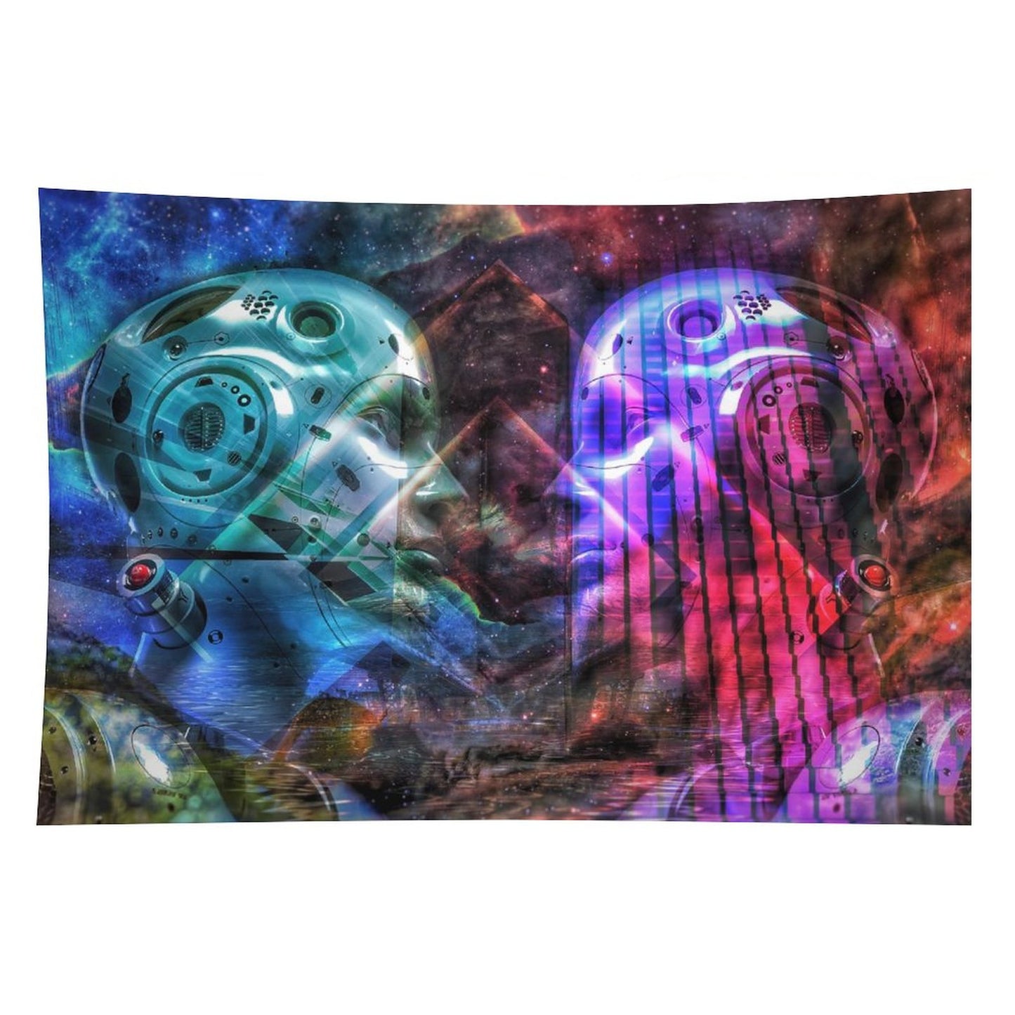Two Minds psychedelic tapestry, two chrome faces turned toward each other in teal and magenta against a nebula