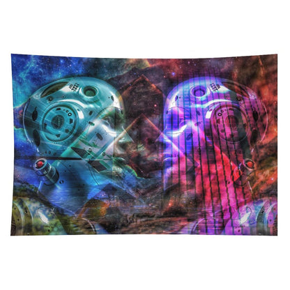Two Minds psychedelic tapestry, two chrome faces turned toward each other in teal and magenta against a nebula