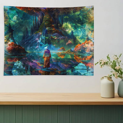 The Verdant Monolith psychedelic tapestry, a robed figure at still water beneath a vast tree with coral colored foliage