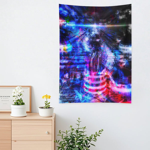 Butterfly Futures psychedelic tapestry, a radiant figure in blue and magenta with light bursting outward in bands