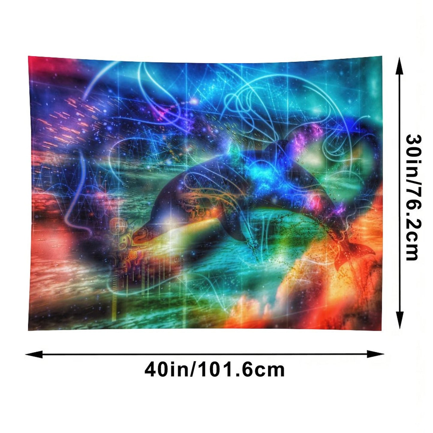 Tide Runner psychedelic tapestry, a dolphin mid leap through neon linework in teal and magenta