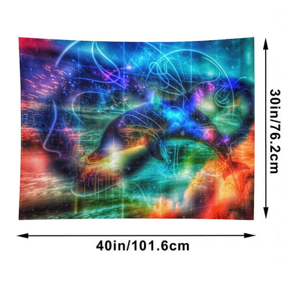 Tide Runner psychedelic tapestry, a dolphin mid leap through neon linework in teal and magenta