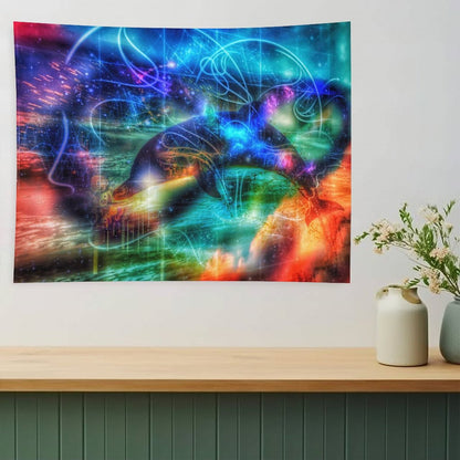 Tide Runner psychedelic tapestry, a dolphin mid leap through neon linework in teal and magenta