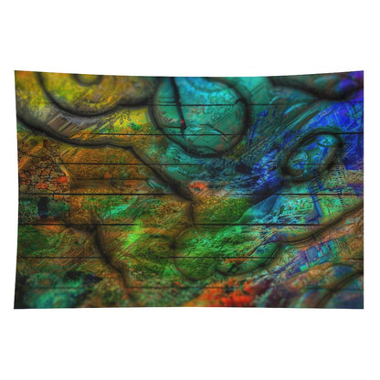 Strata Bloom psychedelic tapestry, cellular and geological strata in teal, ochre and green mapped like a cross section