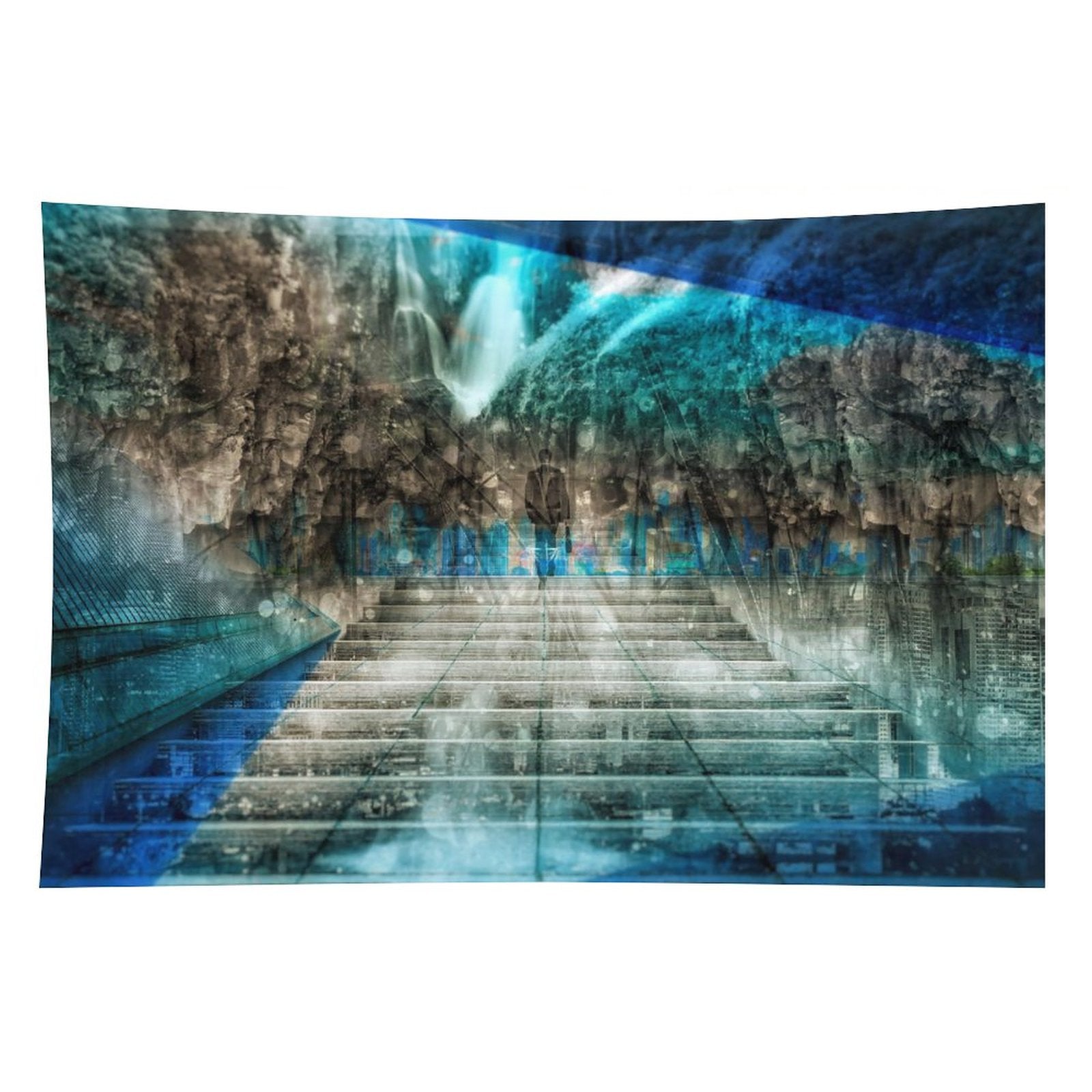 Distant Traveller psychedelic tapestry, a wide stair rising into a cavern with a waterfall and cold blue light overhead
