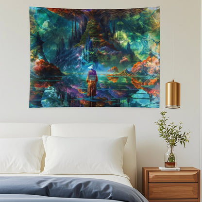 The Verdant Monolith psychedelic tapestry, a robed figure at still water beneath a vast tree with coral colored foliage