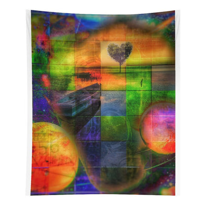 Heart Field psychedelic tapestry, a quilted grid of green and orange panels with a heart shaped tree and two planets