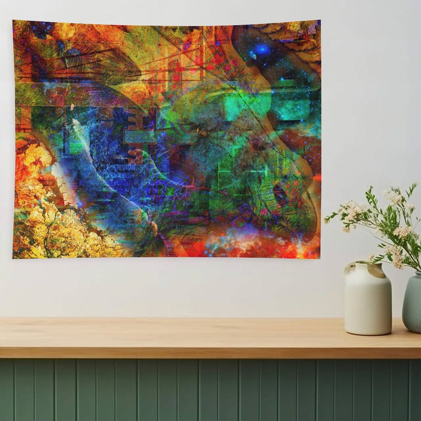 Of The Soul psychedelic tapestry, an ochre and cobalt field broken by green blocks and a scatter of deep space