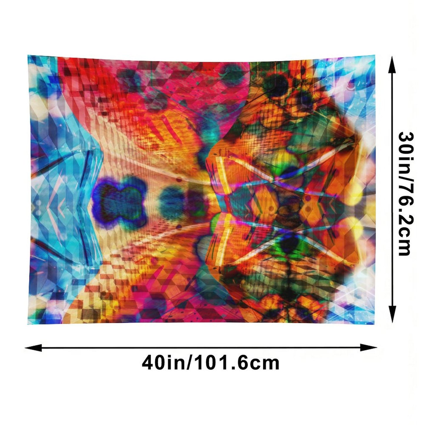 Split Wing psychedelic tapestry, kaleidoscopic symmetry split down the middle with hot orange against cold blue