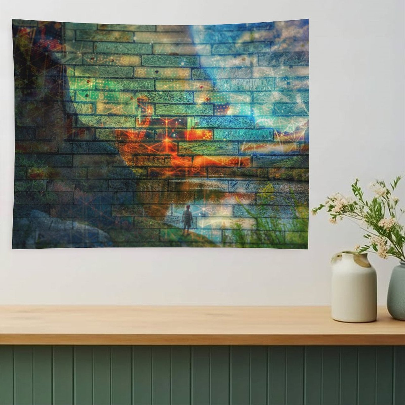 Wall of Days psychedelic tapestry, a long brick and stone wall with a glowing orange seam and one small figure at its base