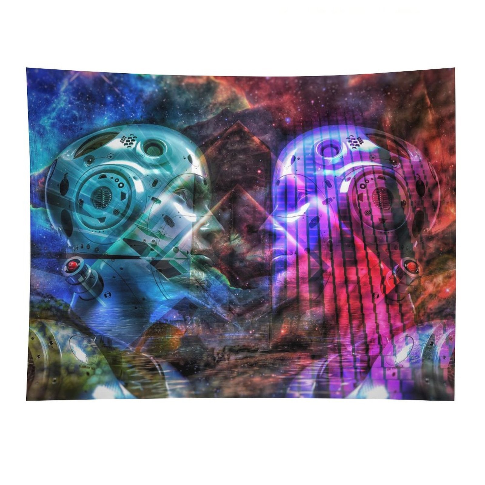 Two Minds psychedelic tapestry, two chrome faces turned toward each other in teal and magenta against a nebula