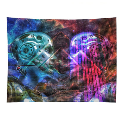 Two Minds psychedelic tapestry, two chrome faces turned toward each other in teal and magenta against a nebula