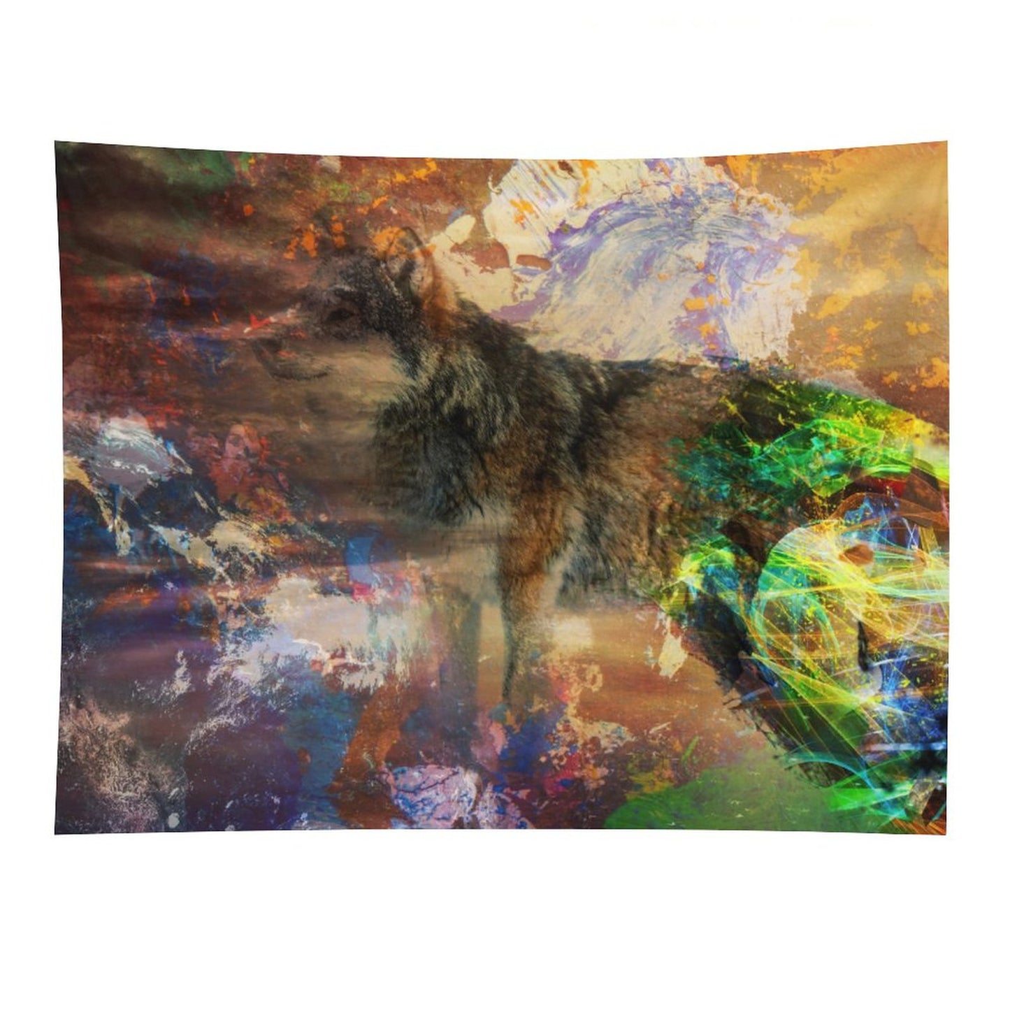 Energy Wolf psychedelic tapestry, a wolf standing in earth tones with a burst of spectrum breaking across its side