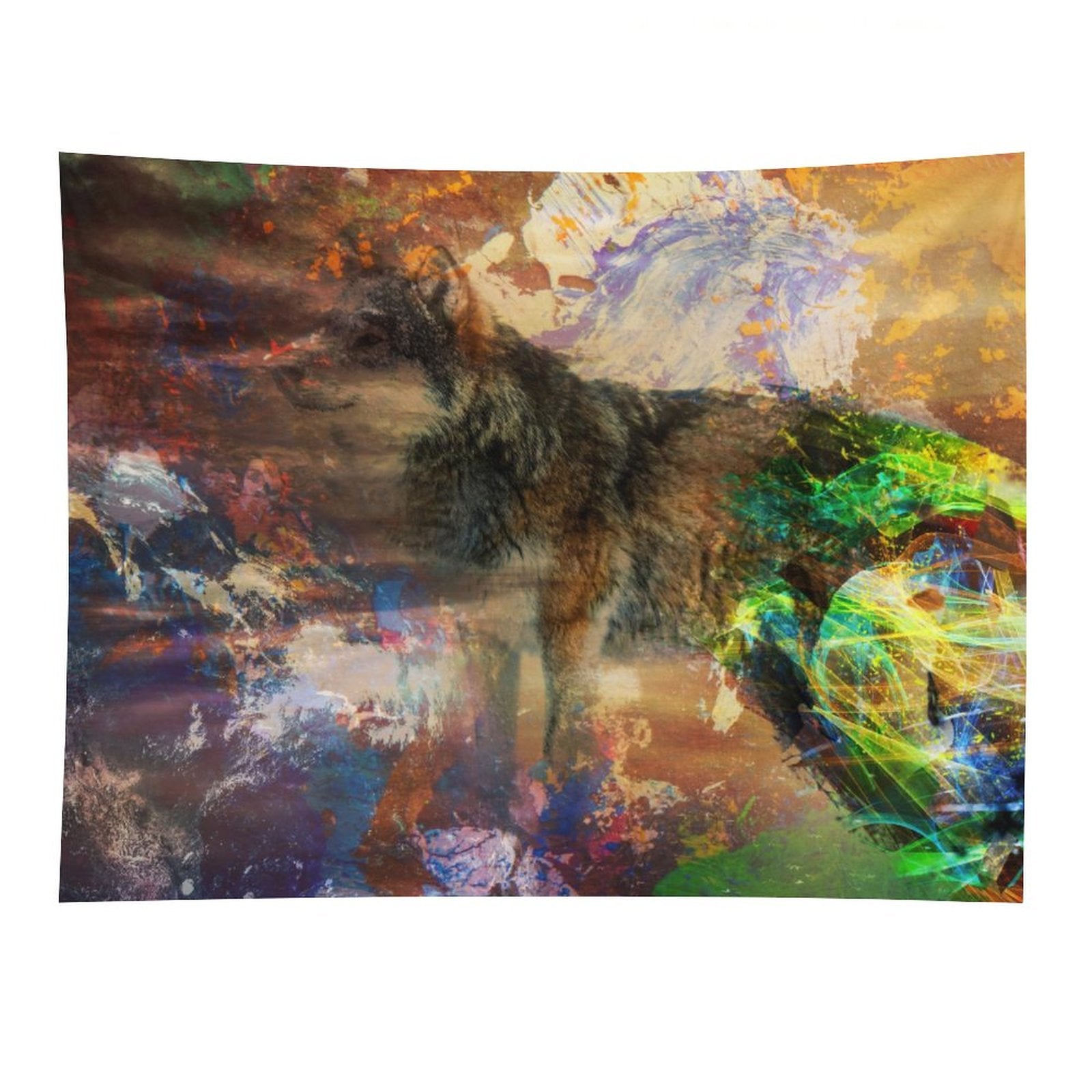 Energy Wolf psychedelic tapestry, a wolf standing in earth tones with a burst of spectrum breaking across its side