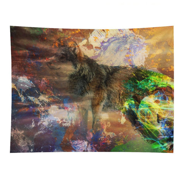 Energy Wolf psychedelic tapestry, a wolf standing in earth tones with a burst of spectrum breaking across its side