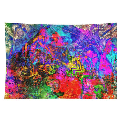 Riot Valley psychedelic tapestry, full spectrum color over a suggested mountain valley with drips and saturated overspray