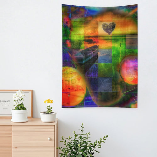 Heart Field psychedelic tapestry, a quilted grid of green and orange panels with a heart shaped tree and two planets