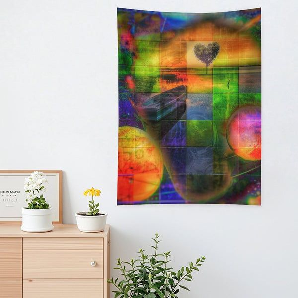 Heart Field psychedelic tapestry, a quilted grid of green and orange panels with a heart shaped tree and two planets