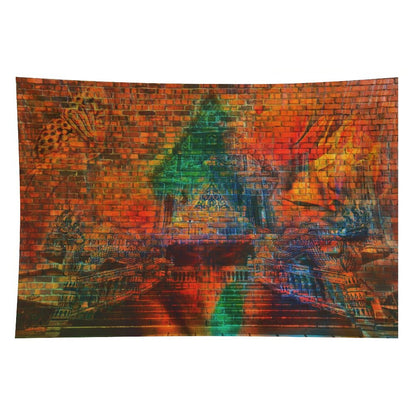 The Kiln psychedelic tapestry, a glowing triangular temple form set into a brick wall above a reflective floor