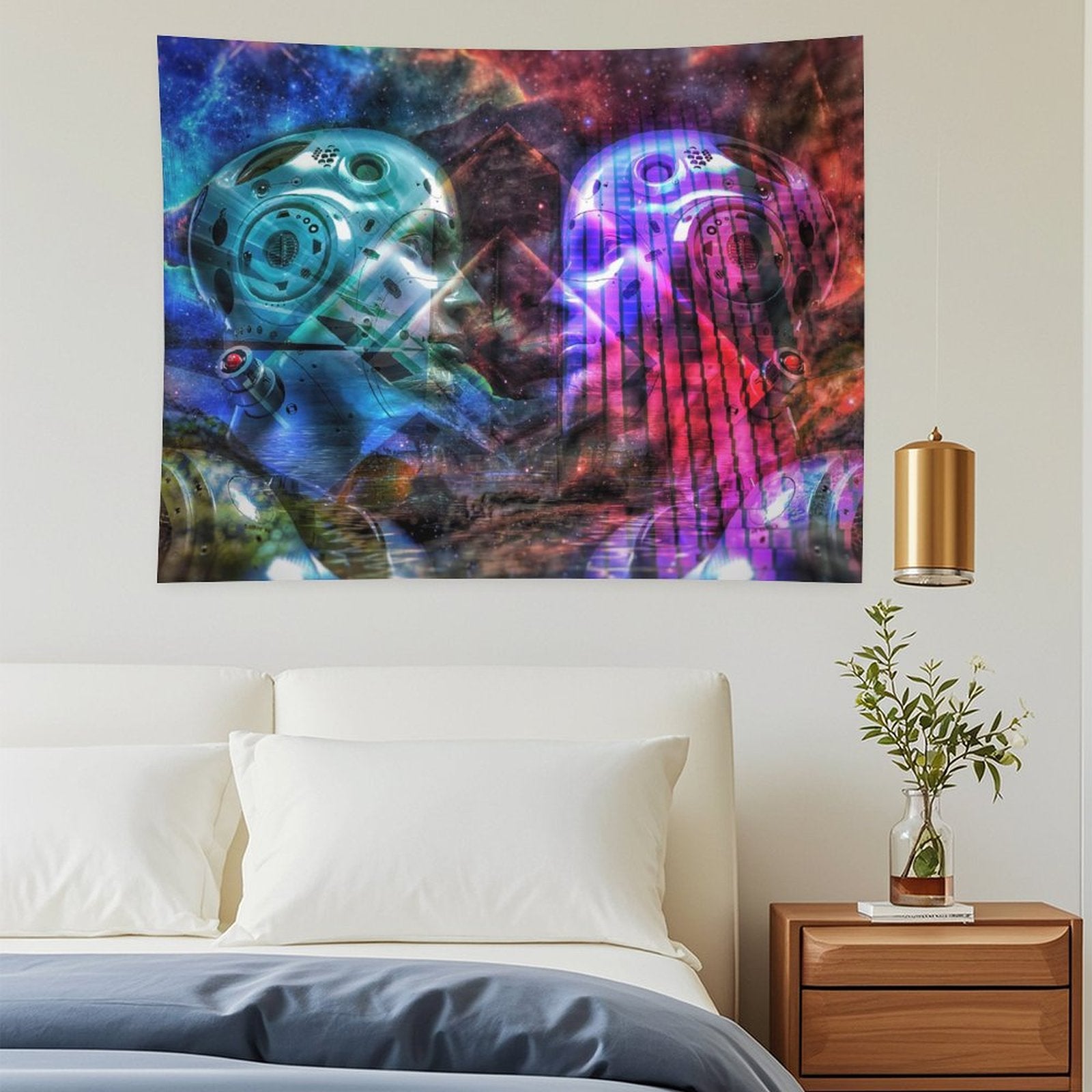 Two Minds psychedelic tapestry, two chrome faces turned toward each other in teal and magenta against a nebula