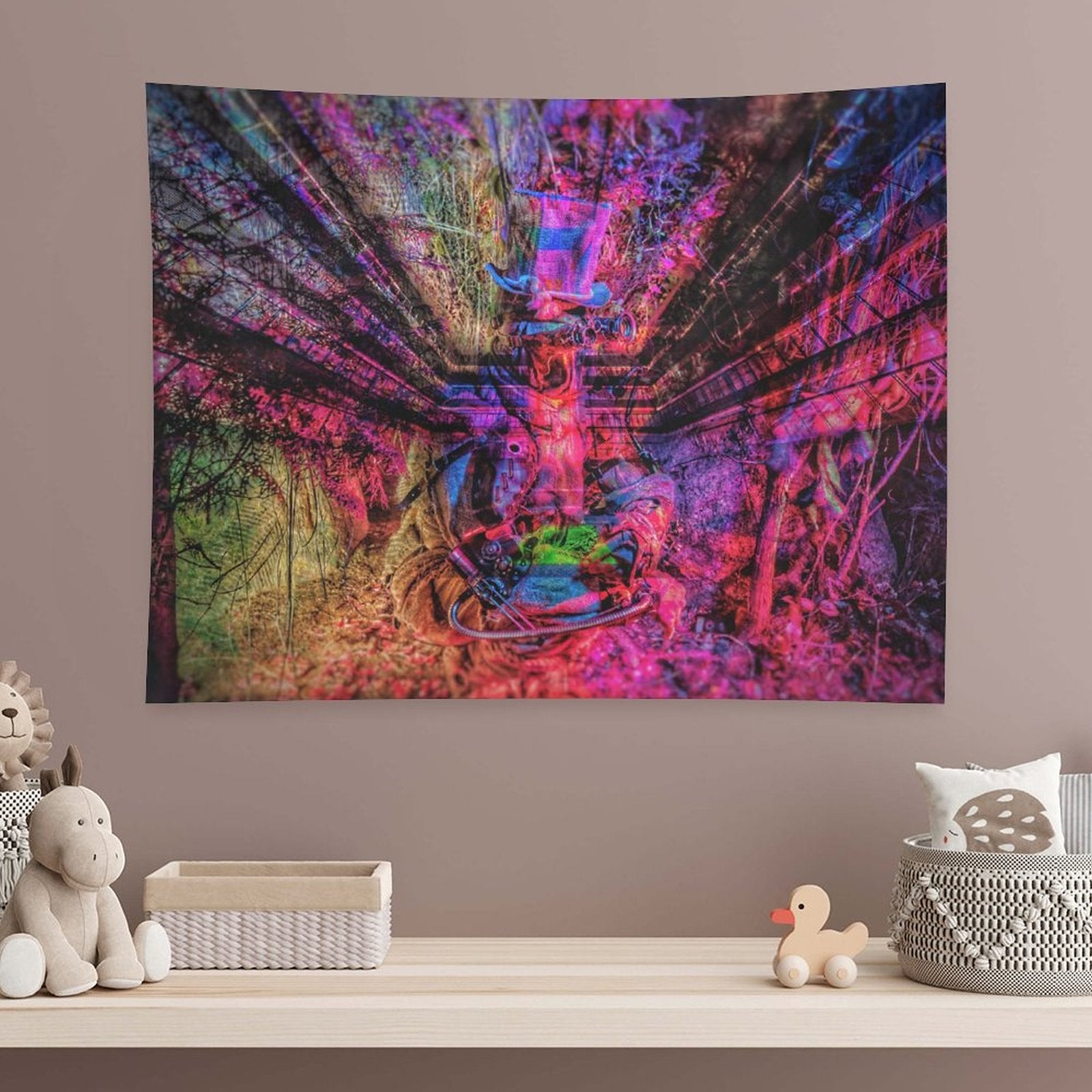 The Reclaiming psychedelic tapestry, abandoned machinery swallowed by a magenta forest with branches radiating outward