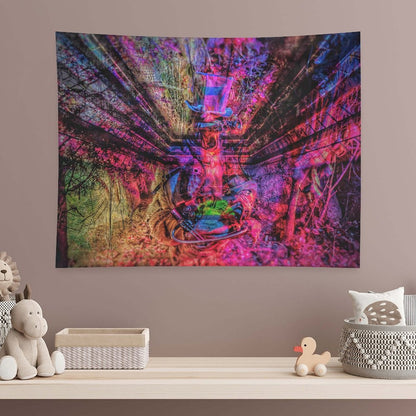 The Reclaiming psychedelic tapestry, abandoned machinery swallowed by a magenta forest with branches radiating outward