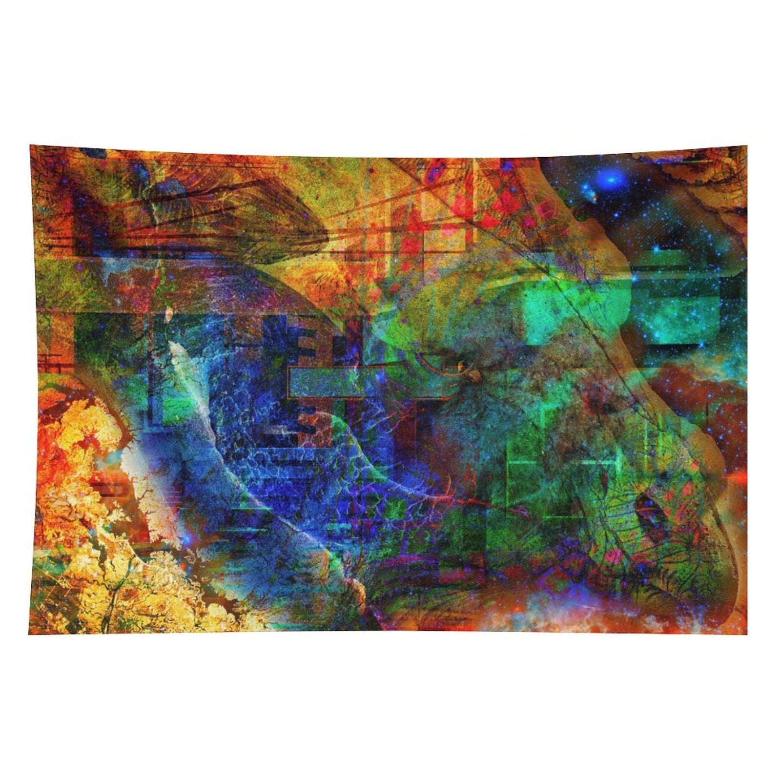 Of The Soul psychedelic tapestry, an ochre and cobalt field broken by green blocks and a scatter of deep space