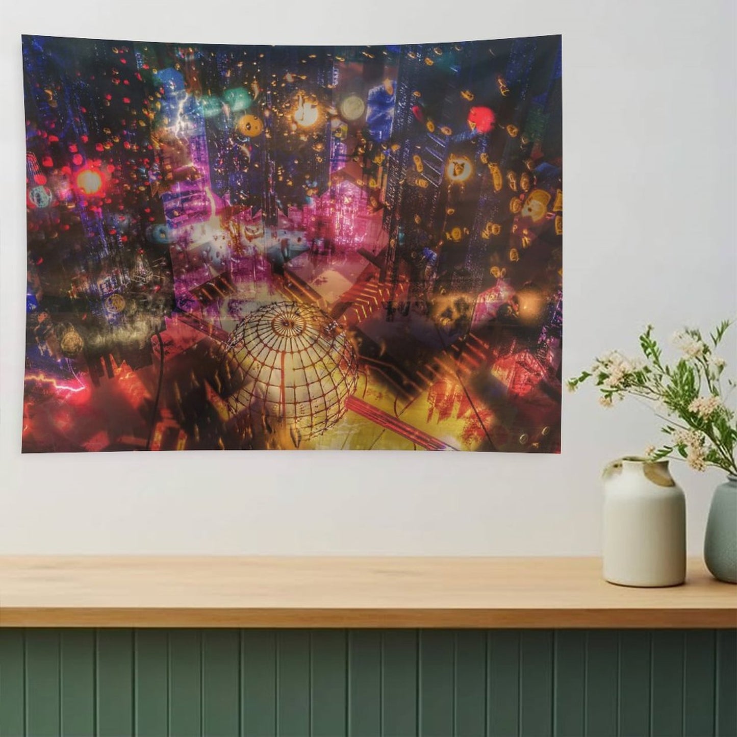 The Orrery psychedelic tapestry, a night city from above in warm bokeh with a brass armillary sphere across the foreground