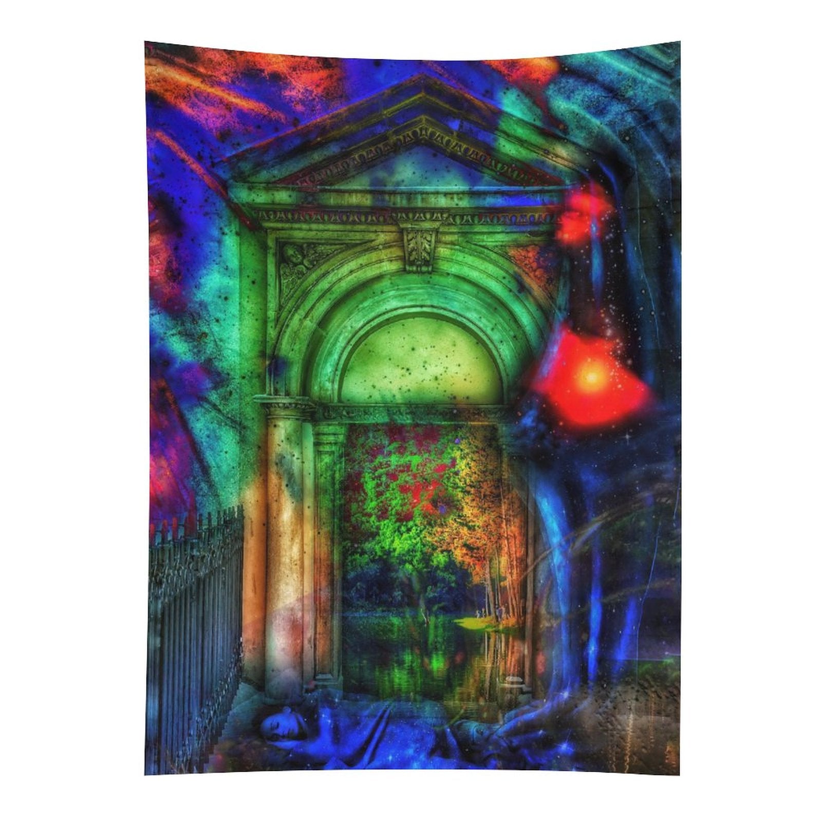 Threshold of Moss psychedelic tapestry, a stone archway lit green from within with overgrowth spilling through the opening