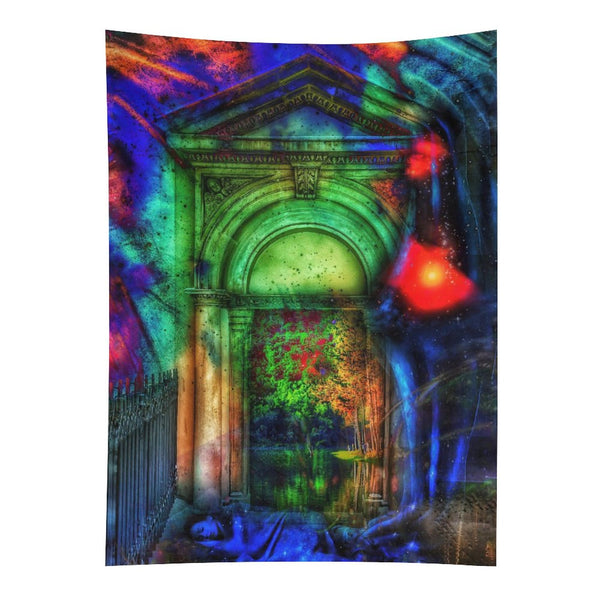 Threshold of Moss psychedelic tapestry, a stone archway lit green from within with overgrowth spilling through the opening