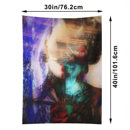Quiet Weather psychedelic tapestry, a portrait with closed eyes double exposed with a rose in teal and crimson washes