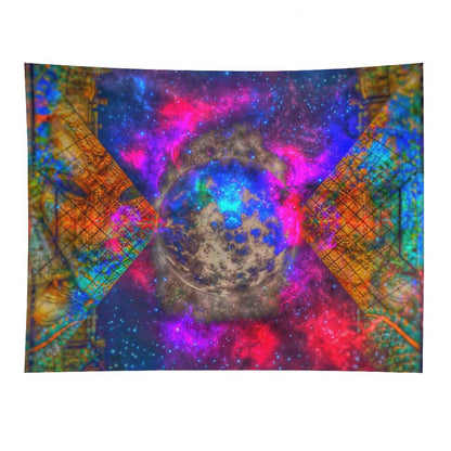 Held World psychedelic tapestry, a pocked moon in a starfield held inside an X of golden circuit lattice