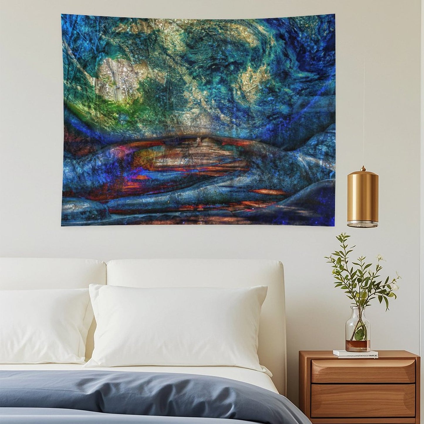 Stone Current psychedelic tapestry, layered rock in teal and gold with a river of light running through the strata