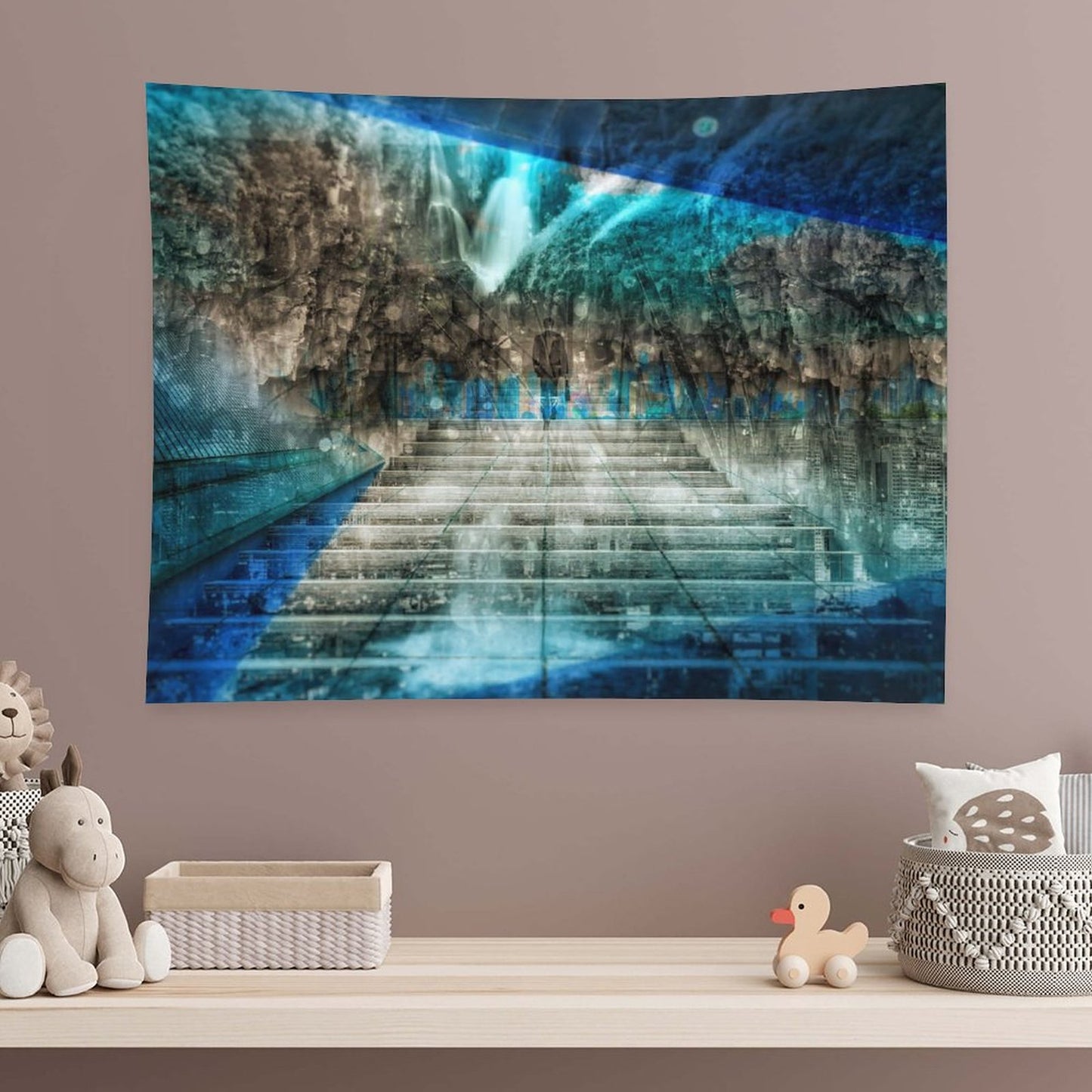 Distant Traveller psychedelic tapestry, a wide stair rising into a cavern with a waterfall and cold blue light overhead
