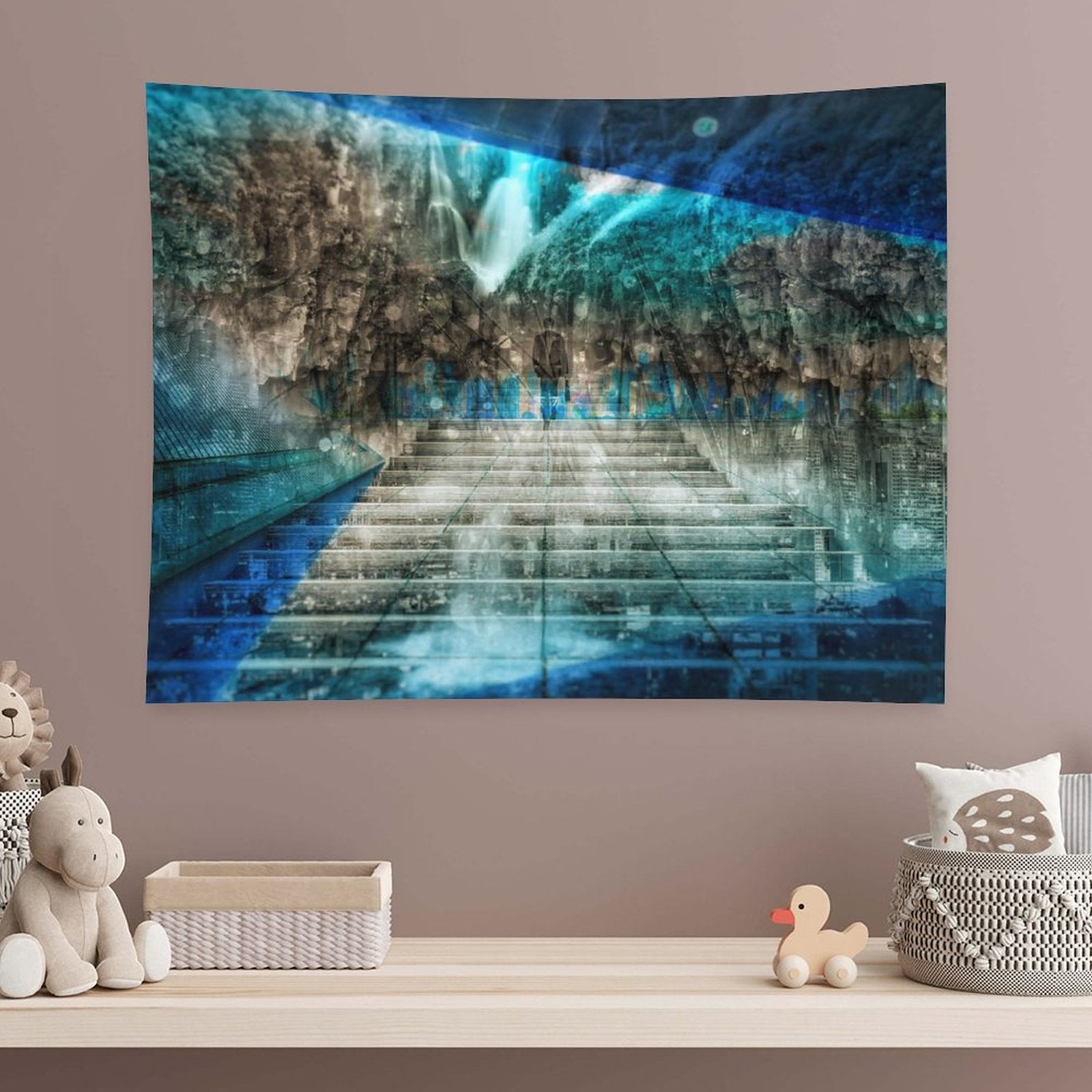 Distant Traveller psychedelic tapestry, a wide stair rising into a cavern with a waterfall and cold blue light overhead