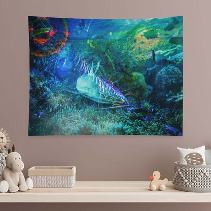 The Blue Meadow psychedelic tapestry, a reef floor in teal and green with a long patterned fish moving over the coral